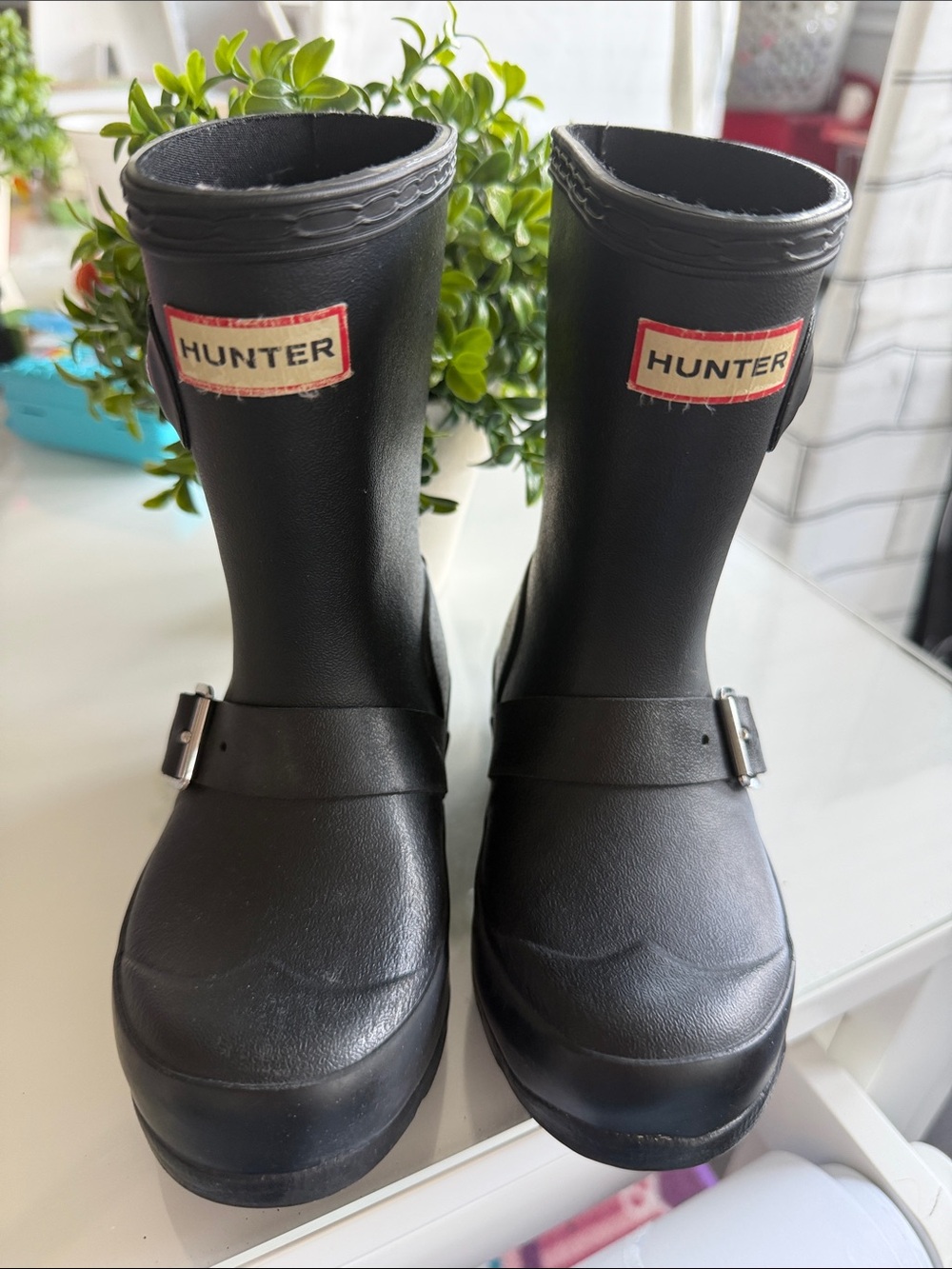 Hunter Kids Black Rubber Rain Boots with Buckle